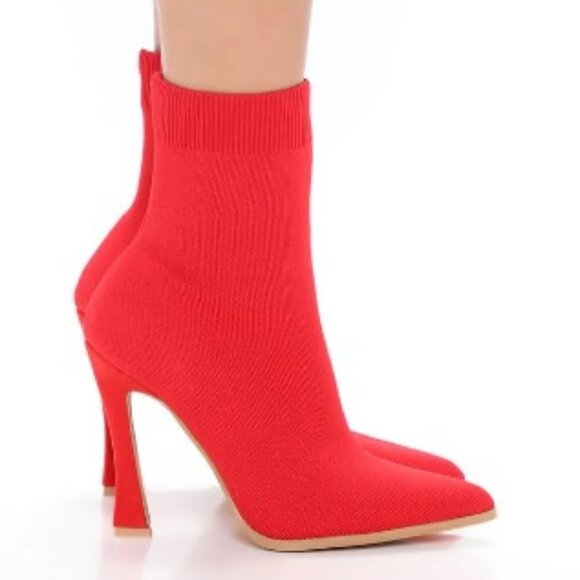 Fashion Nova She's A Catch Booties Red 6.5M NEW Sock - Picture 2 of 9